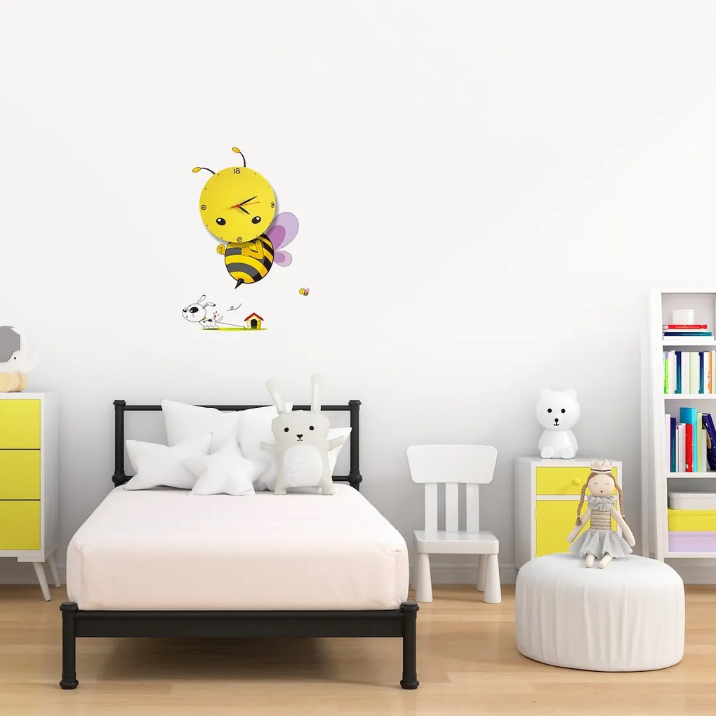 Detské nástenné svietidlo s hodinami Bee Clock, 1x žlté plastové tienidlo