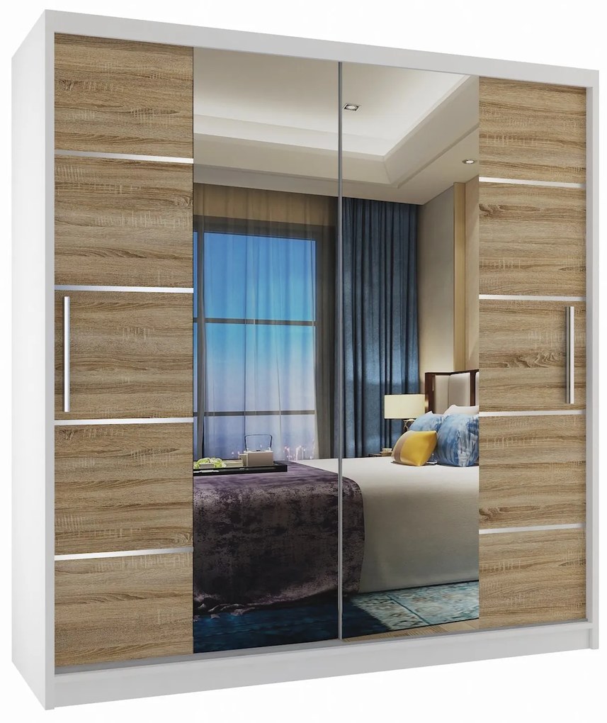 Šatníková skriňa 158 cm Belini biely mat / dub sonoma s posuvnými dverami zrkadlom a zásuvkami ME SZP7/0/W/DS/0/KLAL