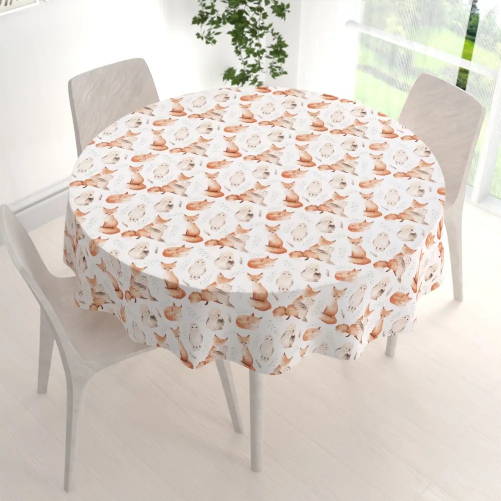Biante Detský bavlnený okrúhly obrus Sandra SA-523 Líšky a sovy na bielom Ø 80 cm