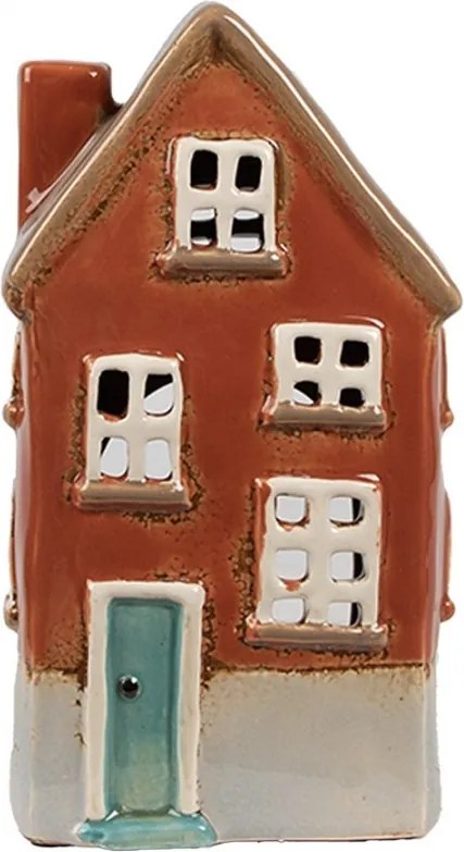 Hnedý keramický svietnik na čajovú sviečku domček Amster Village - 10*8*18 cm