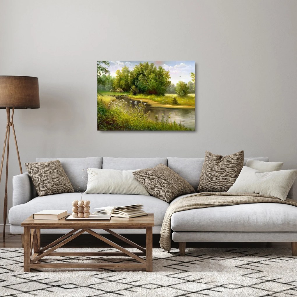 Sklenený obraz - Rieka pri lese, olejomaľba (70x50 cm)