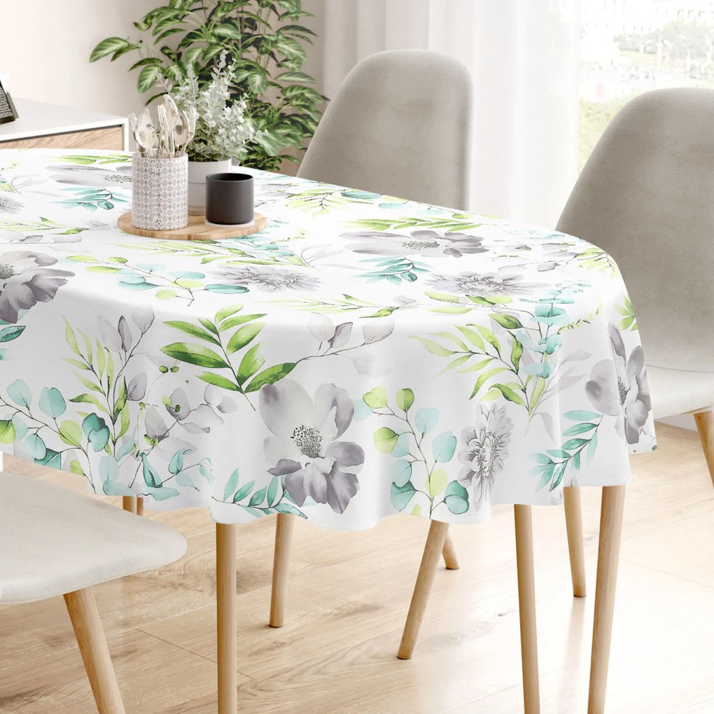 Goldea oválny obrus 100% bavlnené plátno deluxe - eukalyptus s kvety 140 x 220 cm
