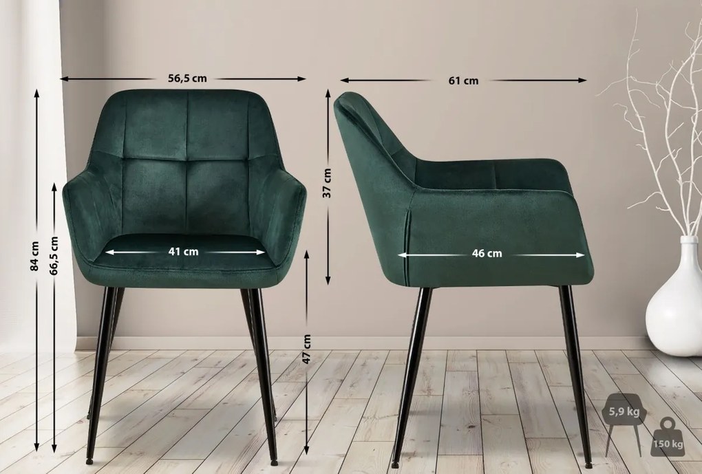 Jedálenská stolička Emia (SET 2 ks) - zamat, kovové nohy čierne - Zelená
