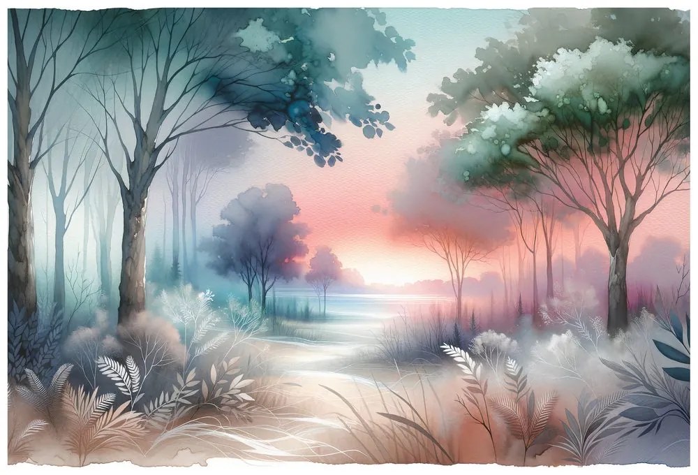 Samolepiaca tapeta pastelová lesná krajina pri západe slnka