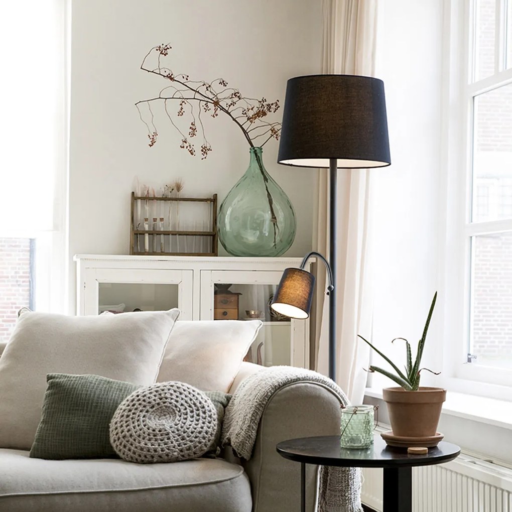 Klasická stojaca lampa čierna s čiernym tienidlom a lampou na čítanie - Retro