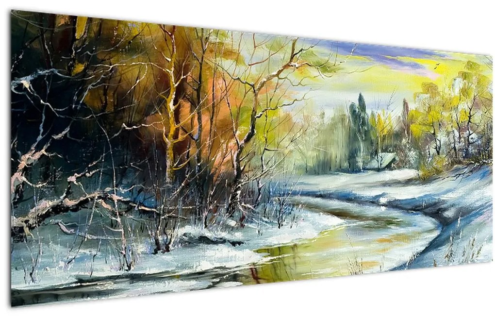 Obraz zimnej rieky, olejomaľba (120x50 cm)