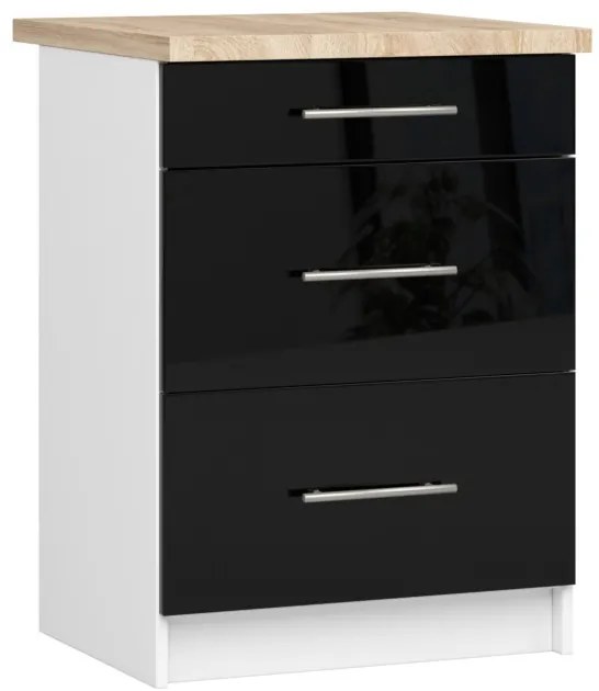 Spodná kuchynská skrinka s doskou OLIWIA S60 3SZ biela / čierna, lesk