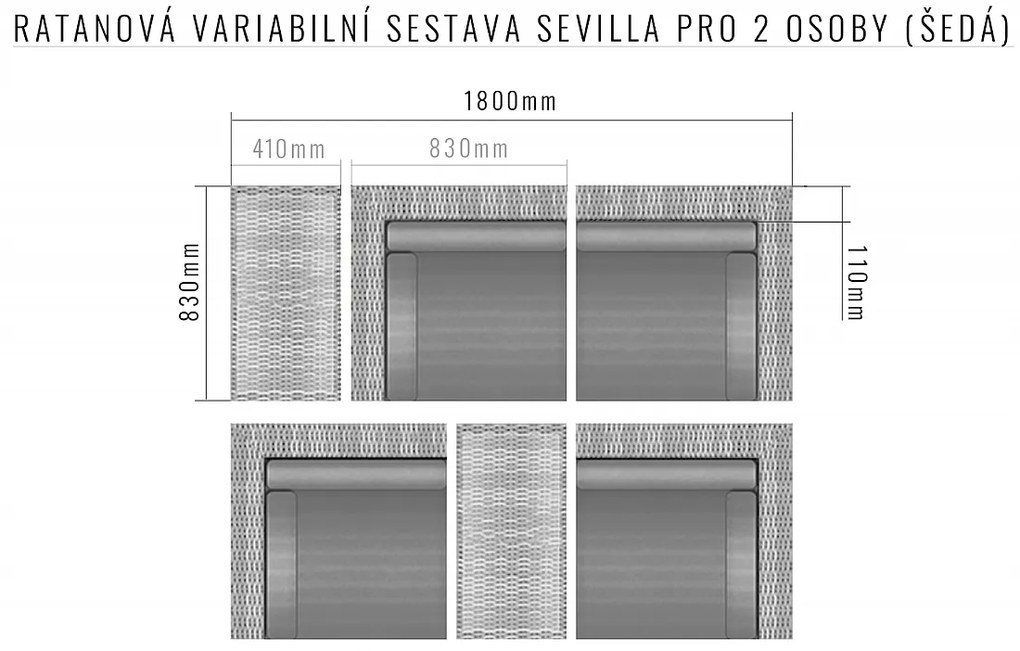 DEOKORK Ratanová variabilná zostava SEVILLA pre 2 osoby (sivá)