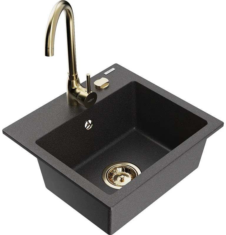 Mexen Milo, 1-komorový granitový drez 435x410x171 mm a zlatá batéria Telma, čierna škvrnitá, 6505-76-670200-50