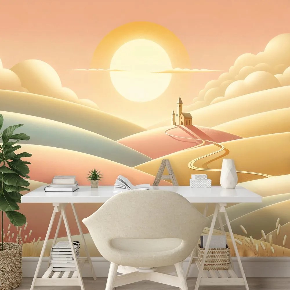 Tapeta pastelová krajina s kostolom