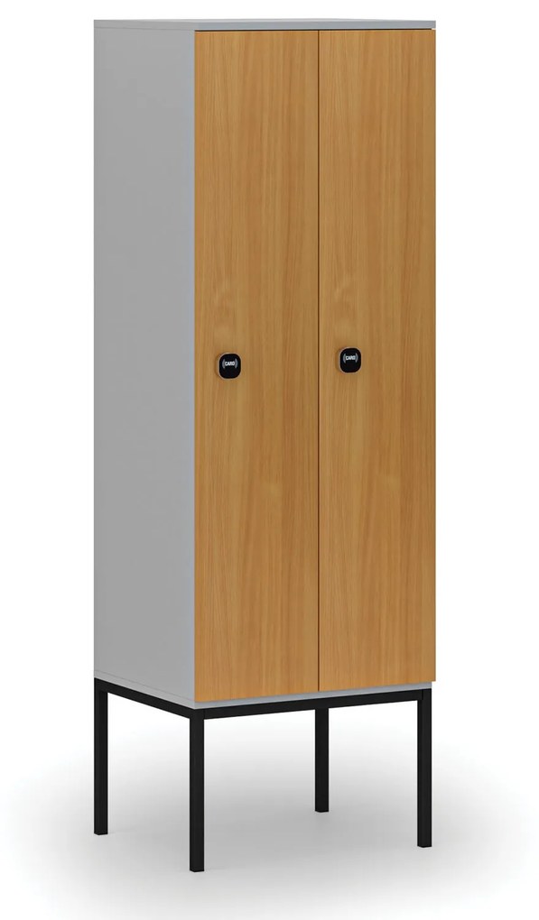 Drevená šatníková skrinka s podnožou, 2 oddiely, 1871 x 600 x 500 mm, RFID zámok, sivá/buk