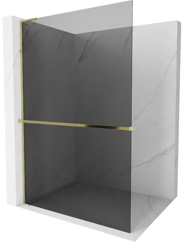 Mexen Kioto+ L, sprchová zástena Walk-In s poličkou a vešiakom 120 x 200 cm, 8mm šedé sklo, zlatý lesklý profil,800-120-123-50-40