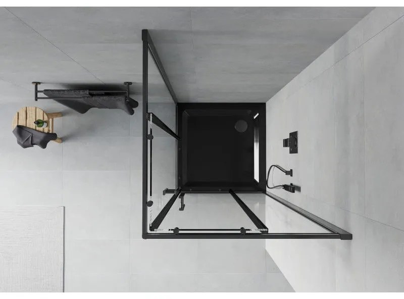 Mexen Rio, štvorcový sprchovací kút s posuvnými dverami 80 x 80 cm, 6mm číre sklo, čierny profil + čierna sprchová vanička, 860-080-080-70-00-4070B