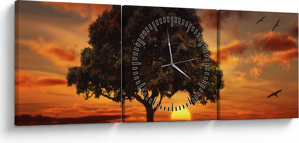 Obraz stromu pri západe slnka (s hodinami) (90x30 cm)
