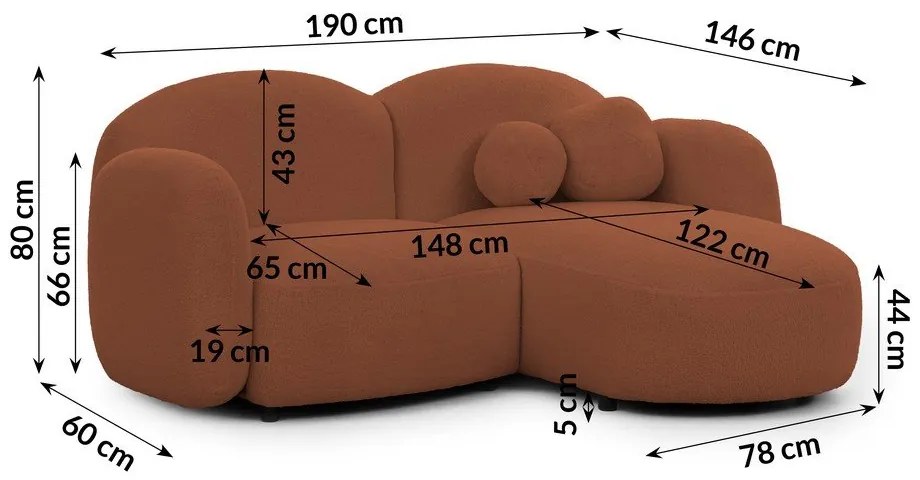 Terakotová rohová pohovka z textílie buklé (pravý roh/s leňoškou) Orbit – Ropez