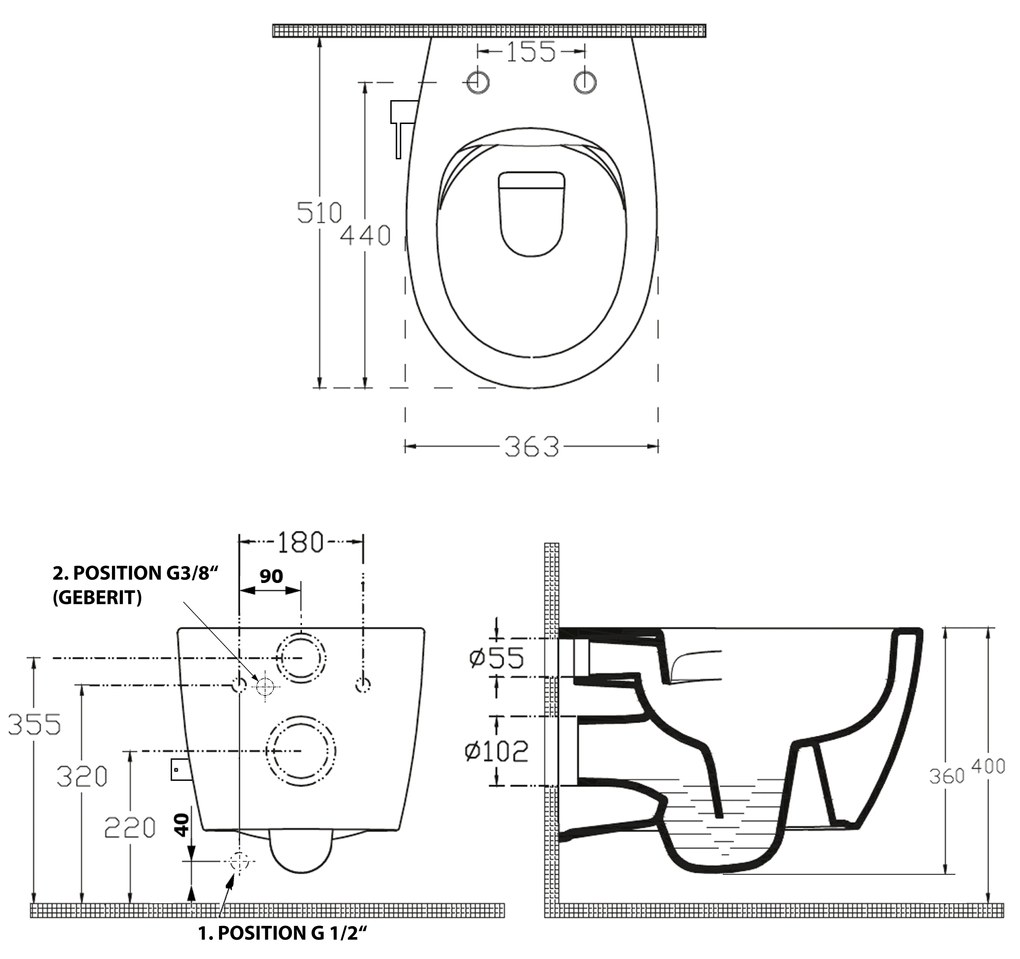 Isvea, SENTIMENTI závesná WC misa Rimless, integrovaný ventil a bidetová spŕška 36x51 cm, biela, 10ARS1010