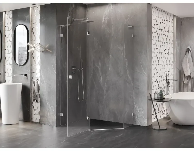 Mexen Lunar, L päťuholníkový sprchový kút naklápací doľava 100 x 90 cm, 8mm číre sklo, chrómový profil, 831L-100L-090P-01-00-L
