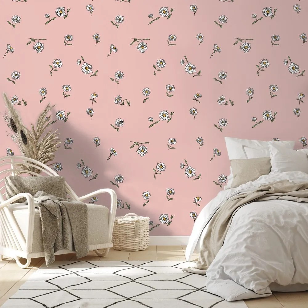 Samolepiaca tapeta ružové pozadie s bielymi kvietkami