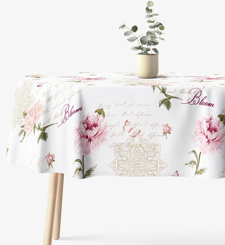 Goldea oválny obrus 100% bavlnené plátno - pivonky s textami 140 x 240 cm