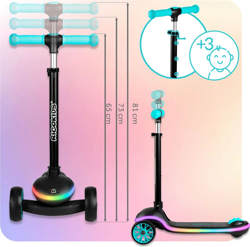 Ricokids Leddi LED balančná Kolobežka pre deti - čierna a tyrkysová
