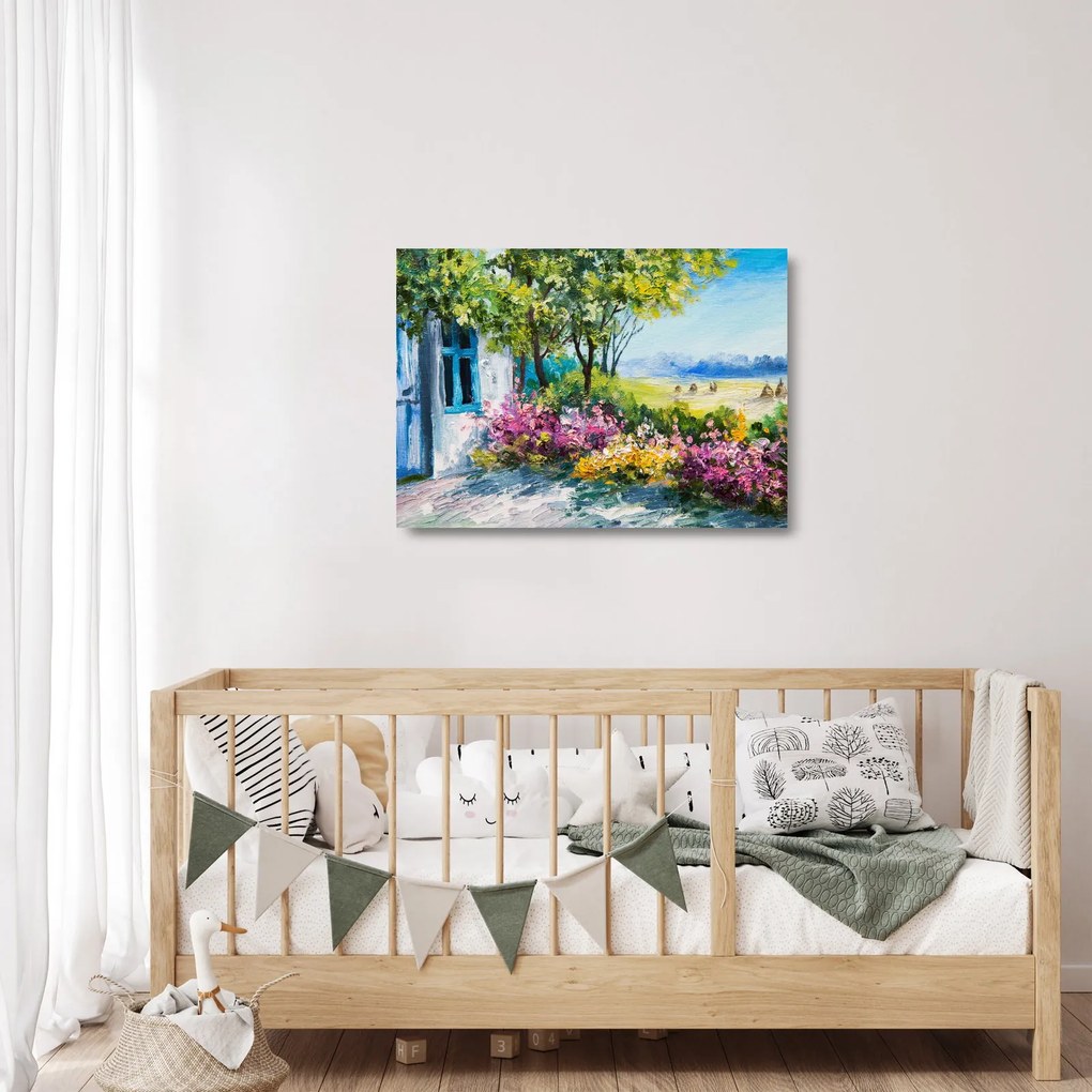 Sklenený obraz záhradky pred domom, olejomaľba (70x50 cm)