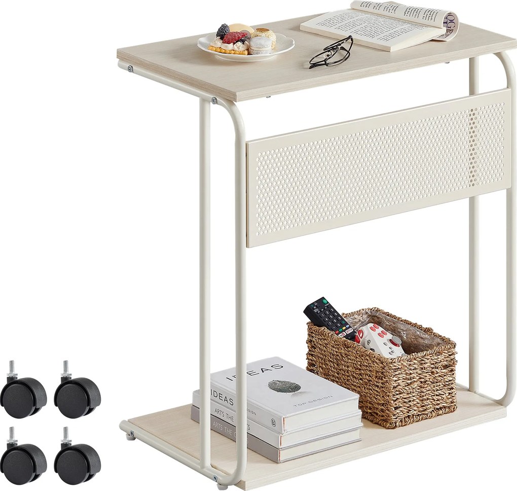 Príručný stolík v tvare C s kolieskami, béžová farba