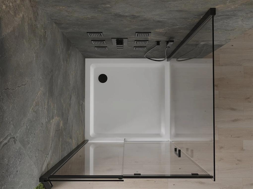 Mexen Omega, sprchovací kút s posuvnými dverami 100 (dvere) x 100 (stena) cm, 8mm číre sklo, čierny profil + slim sprchová vanička biela s čiernym sifónom, 825-100-100-70-00-4010B