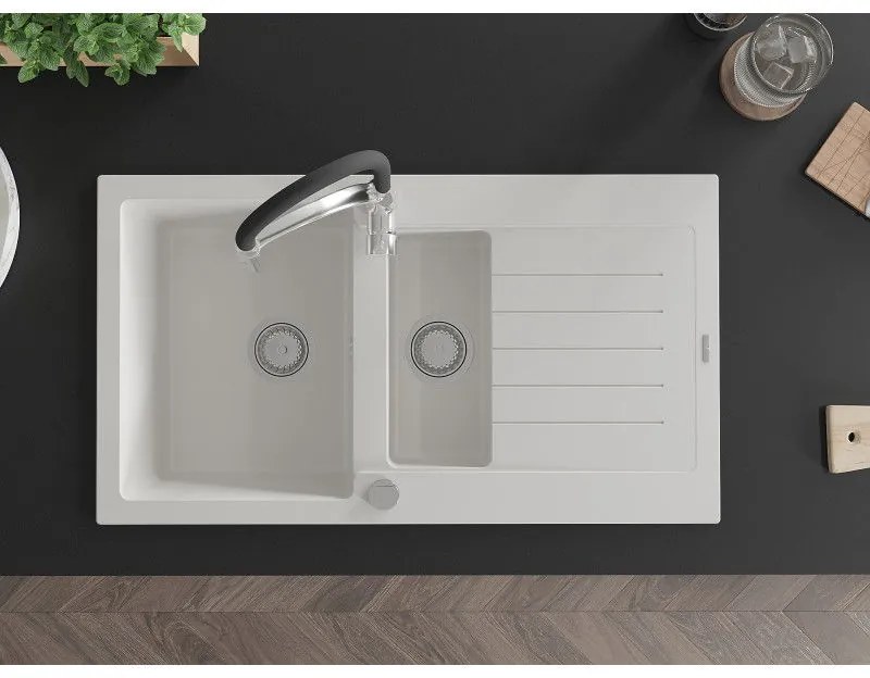 Mexen Matias, granitový drez 900x505x200 mm, 1,5-komorový a drezová batéria Aster, biela, 6502-20-73450-07