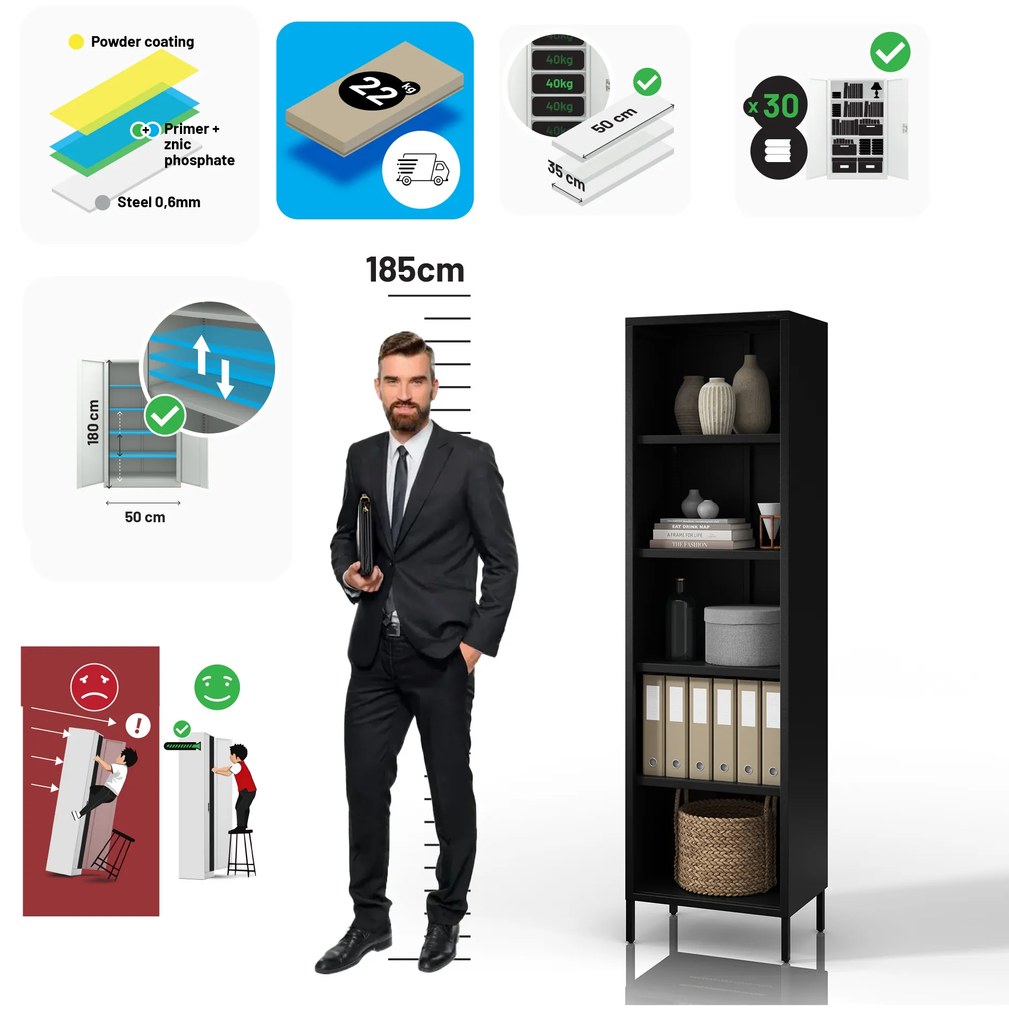 Čierny kovový regál na knihy MARIO Modern 500 x 1800 x 350 mm