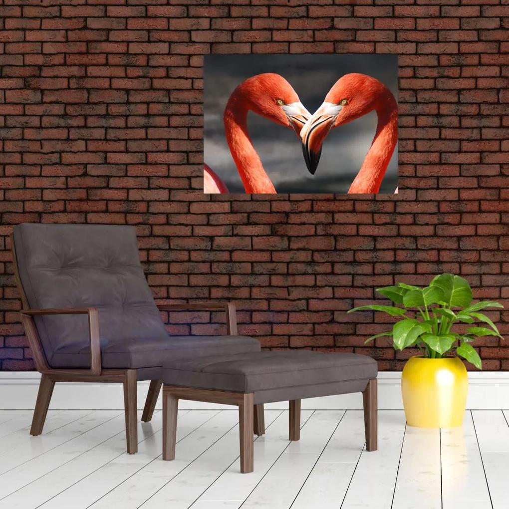Sklenený obraz dvoch zamilovaných plameniakov (70x50 cm)