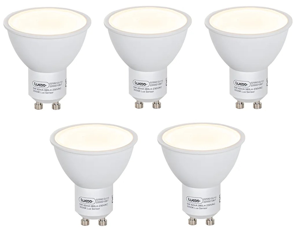 Sada 5 LED žiaroviek GU10 so senzorom súmraku 5W 380lm 3000K