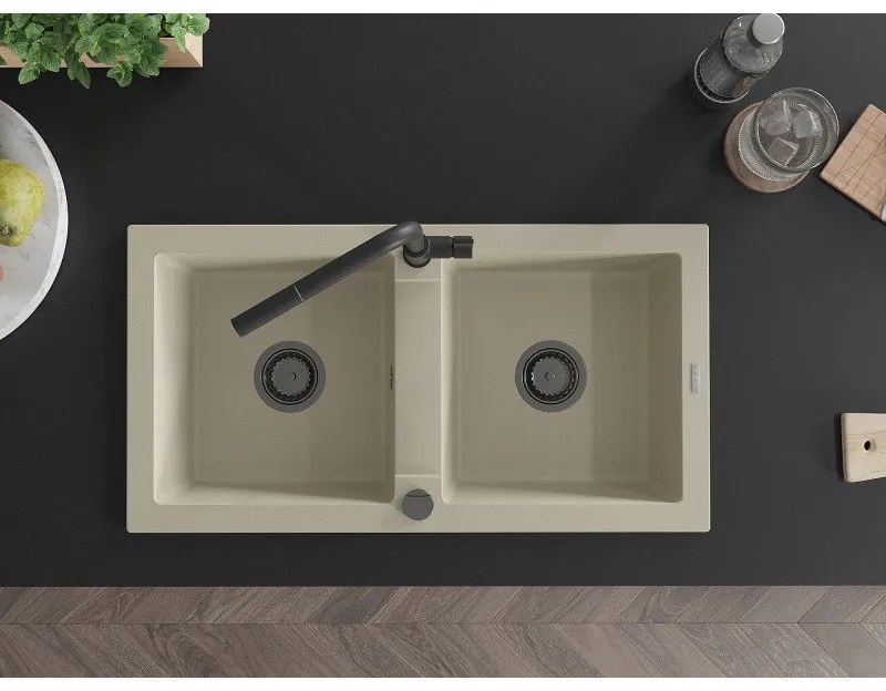 Mexen Mario, 2-komorový granitový drez 820x436x161 mm a drezová batéria Flora, béžová, 6504-69-670401-70-B
