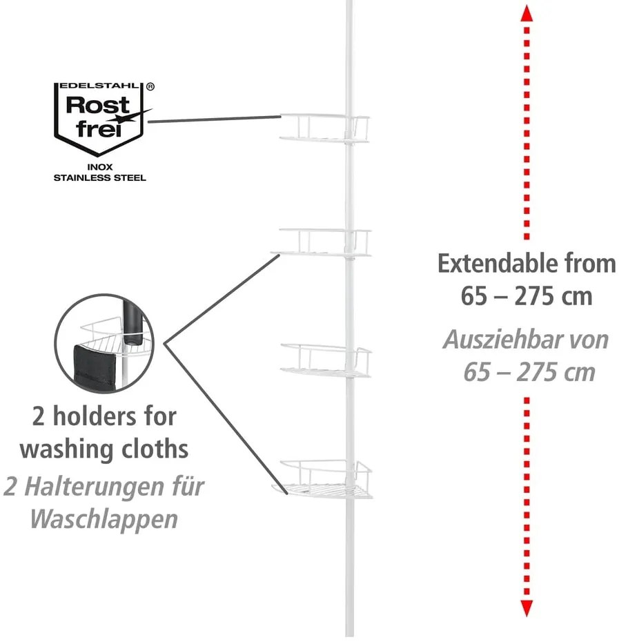 Biela rohová teleskopická kúpeľňová polička z nehrdzavejúcej ocele Dolcedo – Wenko