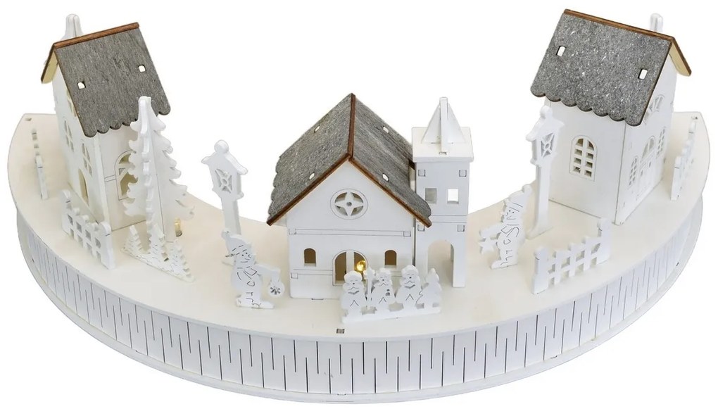 Drevená svietiaca LED dekorácia Dedinka s kostolíkom, 40 x 14 x 20 cm, polkruh