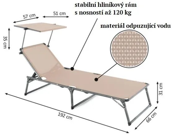 DIVERO skladacie ležadlo so strieškou, XXL, béžové