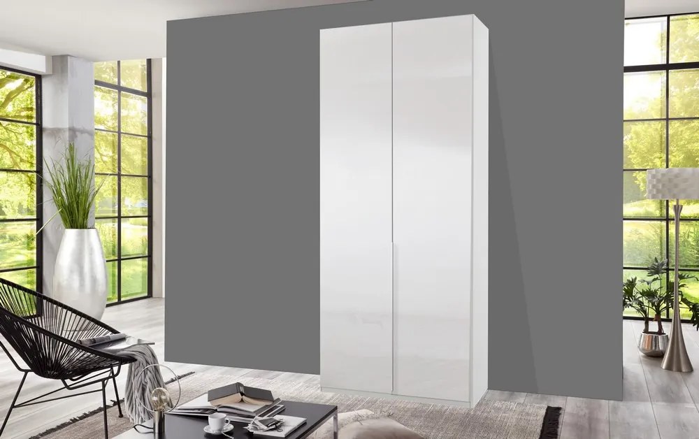 Šatníková skriňa New York D, 90 cm, biela / biely lesk