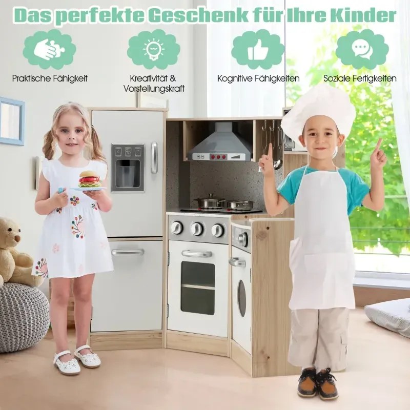 Rohová kuchynka Rohová kuchynka na hranie so zvukom a svetlom Detská kuchynka z dreva vrátane hracích doplnkov Biela + príroda