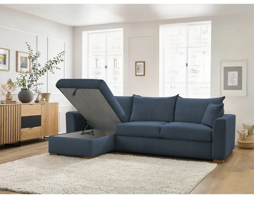 Tmavomodrá menčestrová rozkladacia rohová pohovka (variabilná) Augustin – Bobochic Paris