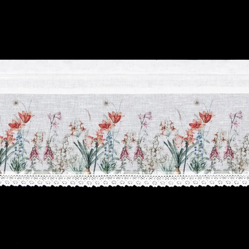 Dekorstudio Kuchynská záclonka NEMEZJA zdobená kvetinovou potlačou a čipkou 150 x 30 cm