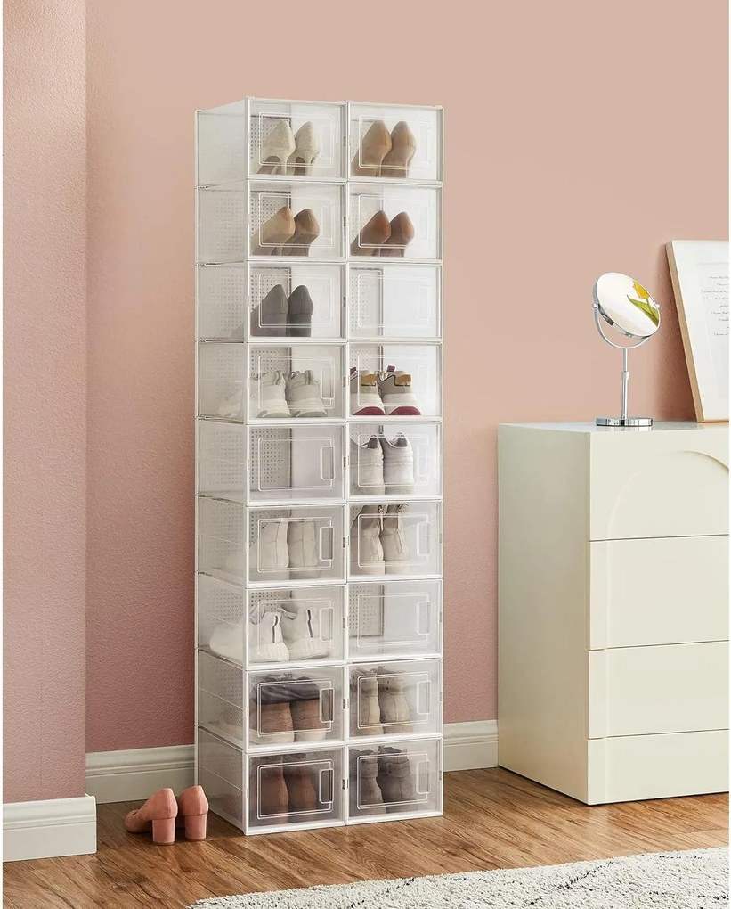 Boxy na topánky, balenie 18 ks, do veľkosti 46, stohovateľné, číre a biele