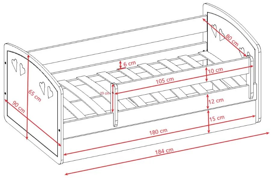 Detská srdiečková posteľ JULIE sa zásuvkou - biela 180x80 cm
