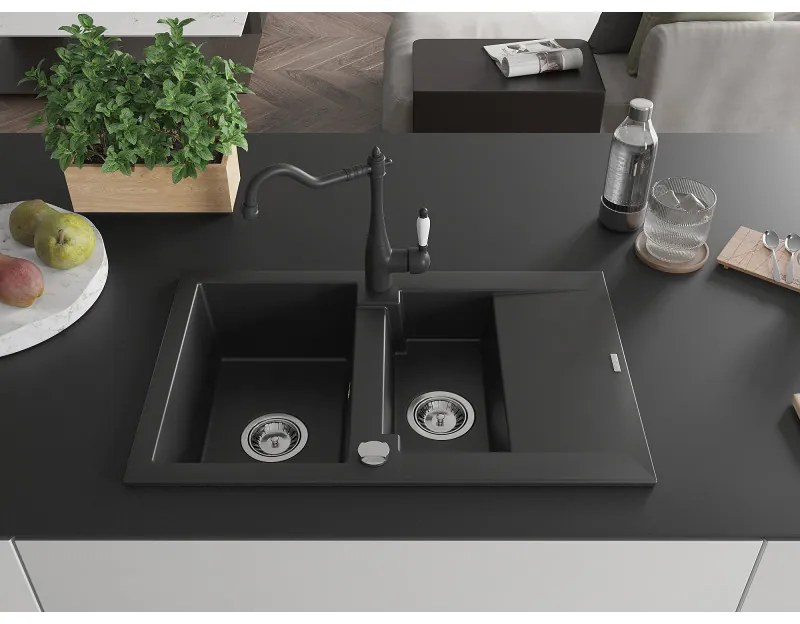 Mexen Gaspar, granitový drez 752x436x161 mm, 1,5-komorový a drezová batéria Carla, čierna, 6507-77-670700-00