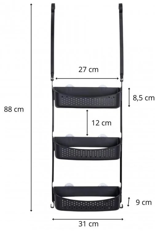 Erga Wiki, kúpeľňový kôš, závesný organizér 31x88 cm s prísavkami, 3-radový, čierna matná, ERG-YKA-CH.WIKI-3-BLK
