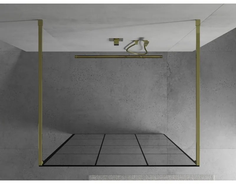 Mexen Kioto, priechodná sprchová zástena 100 x 200 cm, 8mm sklo číre/čierny vzor, 2x zlatá stabilizačná rozpera, 800-100-002-50-77