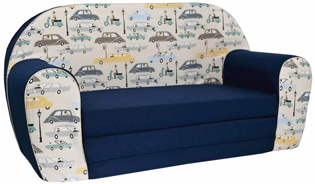 Detská rozkladacia MINI pohovka Retro auta - tmavo modrá/krémová