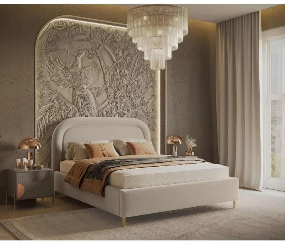 Béžová čalúnená dvojlôžková posteľ s úložným priestorom s roštom 160x200 cm Mija – Maison de Rêve