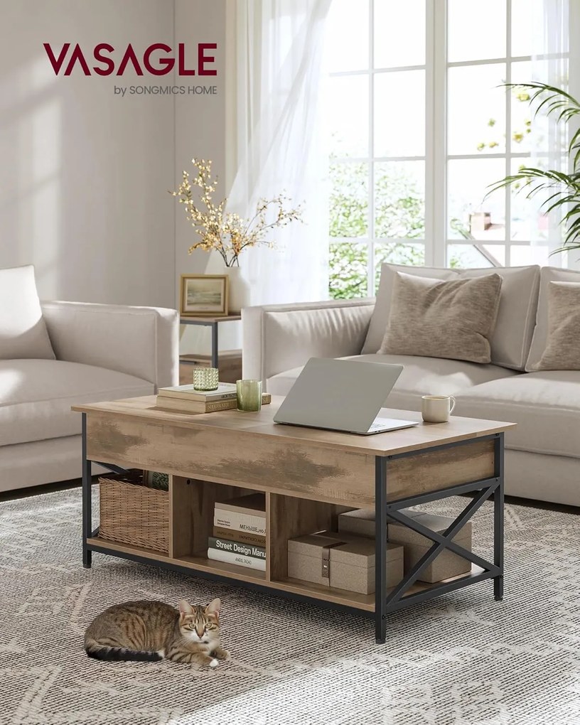 Konferenčný stolík, výškovo nastaviteľný, so zásuvkami, 50 x 100 cm, ťavohnedý