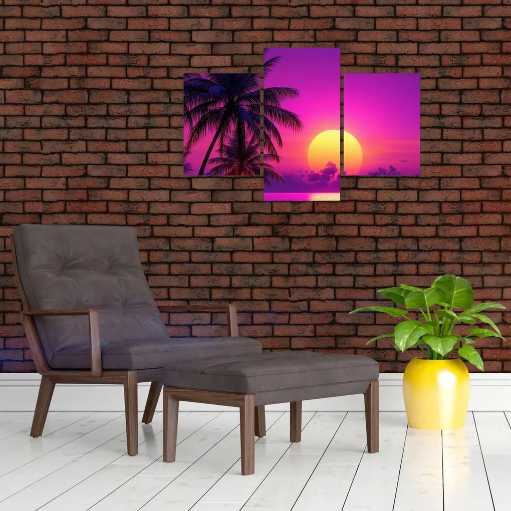 Obraz - Fialový západ s palmou (90x60 cm)