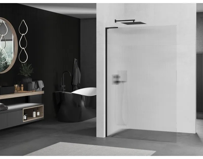 Mexen Kioto L, sprchová zástena Walk-In 100 x 200 cm, 8mm sklo s rebrovým vzorom, čierny profil, 800-100-103-70-09