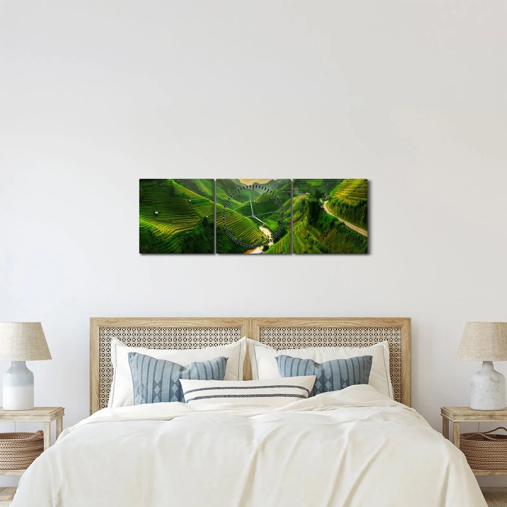 Obraz - Ryžové terasy Mu Cang Chai (s hodinami) (90x30 cm)